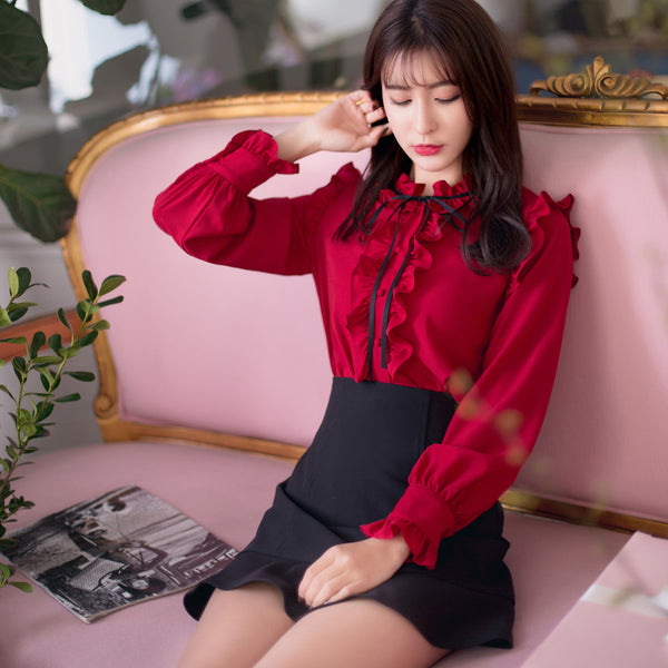 Perfect Look Solid Ruffle Front Button Frill Trim Mock Neck Stand Collar Design Top Long Sleeved Chiffon Shirt Blouse