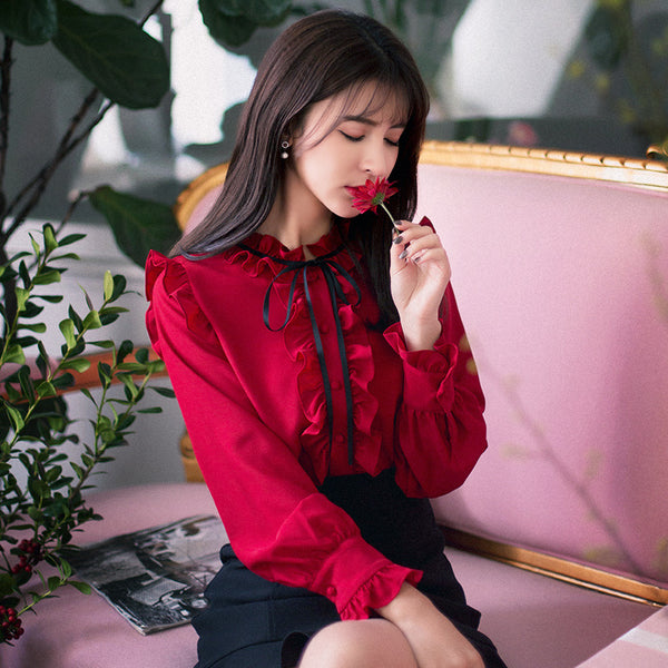 Perfect Look Solid Ruffle Front Button Frill Trim Mock Neck Stand Collar Design Top Long Sleeved Chiffon Shirt Blouse