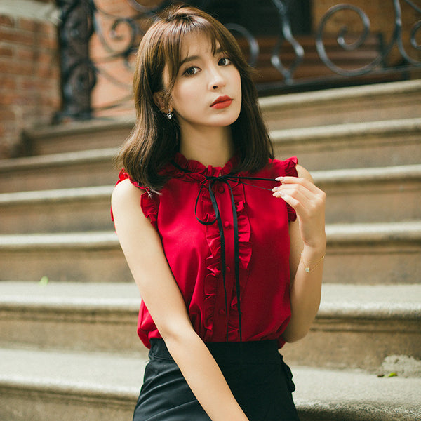 Perfect Look Solid Ruffle Front Button Frill Trim Mock Neck Stand Collar Design Top Long Sleeved Chiffon Shirt Blouse