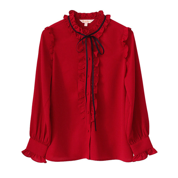 Perfect Look Solid Ruffle Front Button Frill Trim Mock Neck Stand Collar Design Top Long Sleeved Chiffon Shirt Blouse