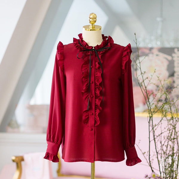 Perfect Look Solid Ruffle Front Button Frill Trim Mock Neck Stand Collar Design Top Long Sleeved Chiffon Shirt Blouse