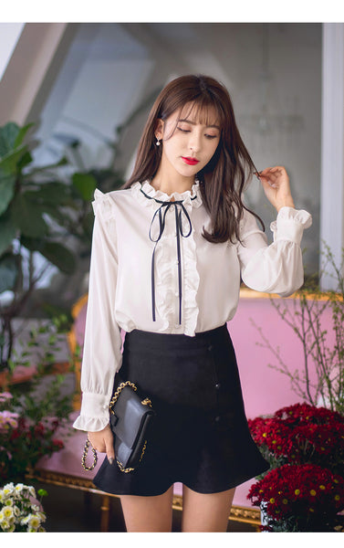 Perfect Look Solid Ruffle Front Button Frill Trim Mock Neck Stand Collar Design Top Long Sleeved Chiffon Shirt Blouse