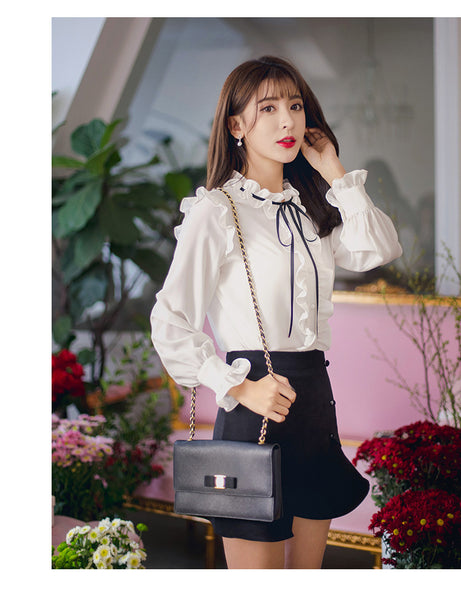 Perfect Look Solid Ruffle Front Button Frill Trim Mock Neck Stand Collar Design Top Long Sleeved Chiffon Shirt Blouse