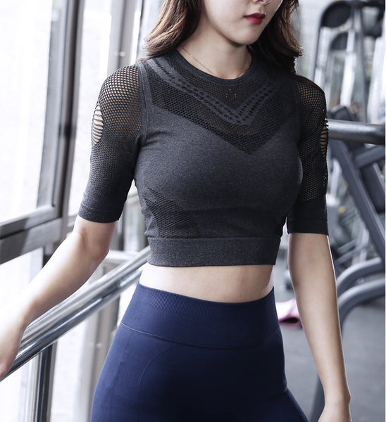 Sexy Women Sports Yoga Fitness top Training Running Seamless Mesh Short Sleeve Sport Wear Top Workout Tops