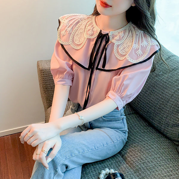 Summer Casual Women Lace Collar Bow Tie Sweet Blouse Pink Short Sleeved Top Shirt