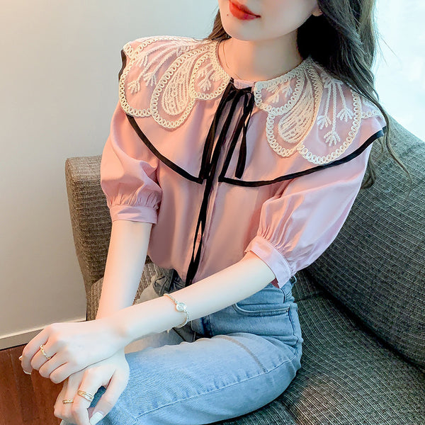 Summer Casual Women Lace Collar Bow Tie Sweet Blouse Pink Short Sleeved Top Shirt