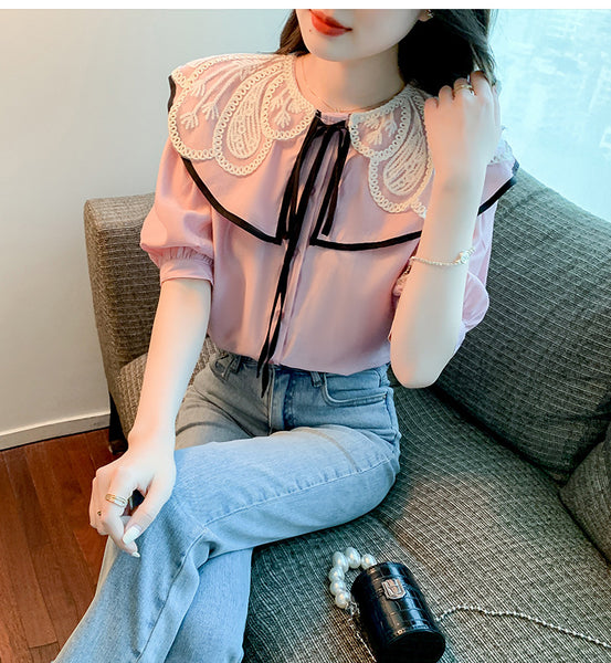Summer Casual Women Lace Collar Bow Tie Sweet Blouse Pink Short Sleeved Top Shirt