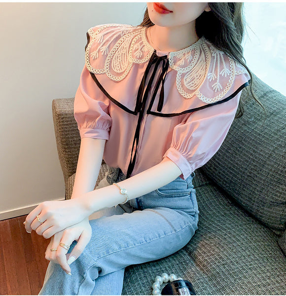 Summer Casual Women Lace Collar Bow Tie Sweet Blouse Pink Short Sleeved Top Shirt