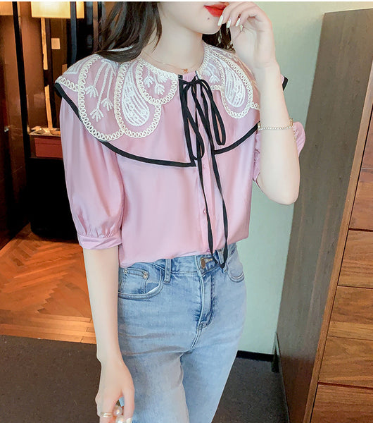Summer Casual Women Lace Collar Bow Tie Sweet Blouse Pink Short Sleeved Top Shirt
