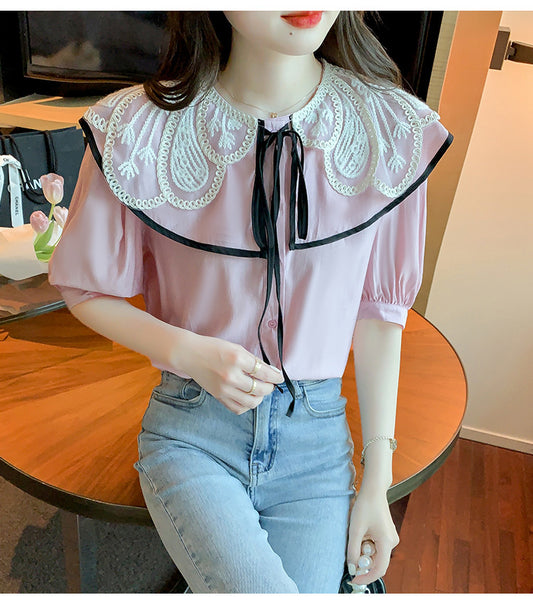 Summer Casual Women Lace Collar Bow Tie Sweet Blouse Pink Short Sleeved Top Shirt