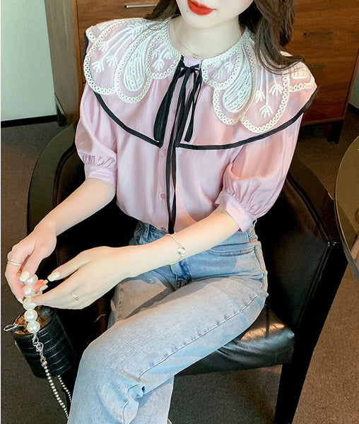 Summer Casual Women Lace Collar Bow Tie Sweet Blouse Pink Short Sleeved Top Shirt
