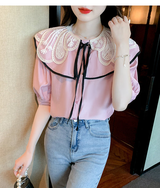 Summer Casual Women Lace Collar Bow Tie Sweet Blouse Pink Short Sleeved Top Shirt