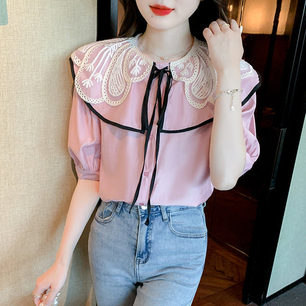 Summer Casual Women Lace Collar Bow Tie Sweet Blouse Pink Short Sleeved Top Shirt