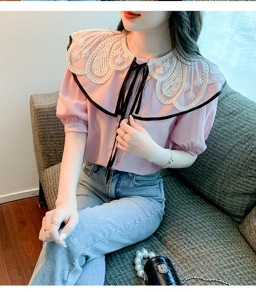 Summer Casual Women Lace Collar Bow Tie Sweet Blouse Pink Short Sleeved Top Shirt