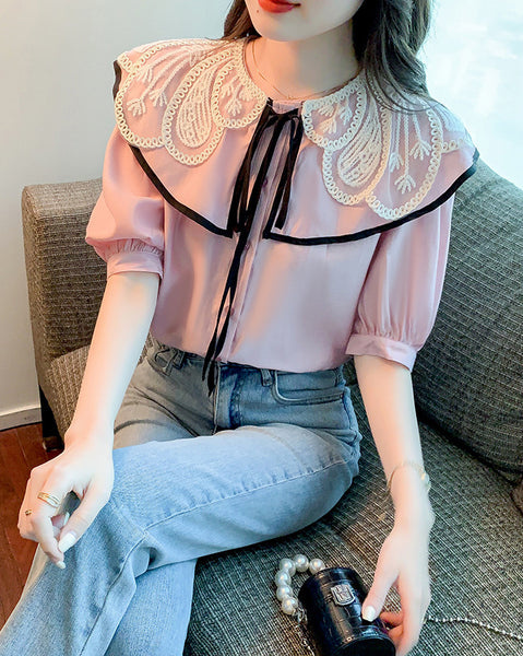 Summer Casual Women Lace Collar Bow Tie Sweet Blouse Pink Short Sleeved Top Shirt