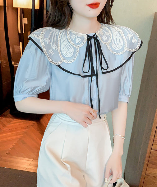 Summer Ladies Tops Lace Collar Bow Tie Sweet Blouse Blue Shirts Petal Short Sleeved Top Shirt