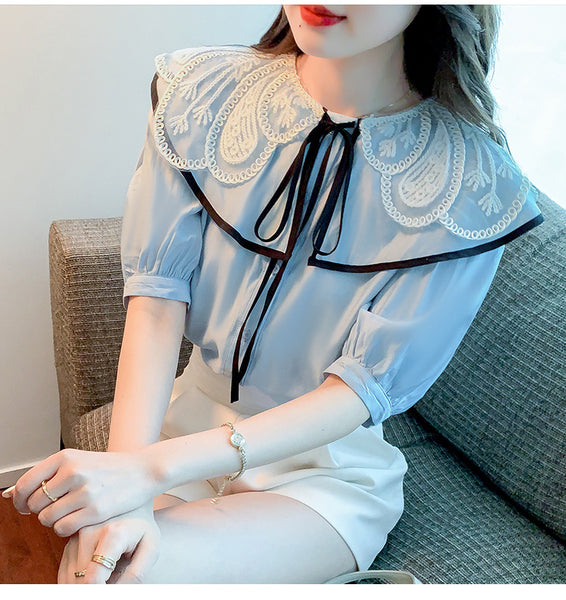 Summer Ladies Tops Lace Collar Bow Tie Sweet Blouse Blue Shirts Petal Short Sleeved Top Shirt