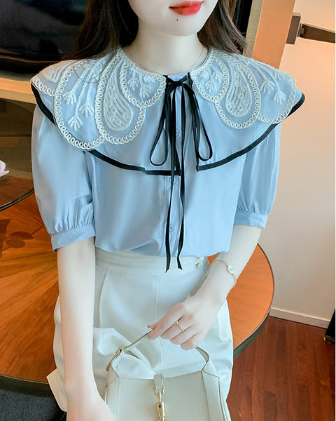 Summer Ladies Tops Lace Collar Bow Tie Sweet Blouse Blue Shirts Petal Short Sleeved Top Shirt