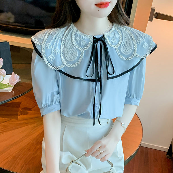 Summer Ladies Tops Lace Collar Bow Tie Sweet Blouse Blue Shirts Petal Short Sleeved Top Shirt