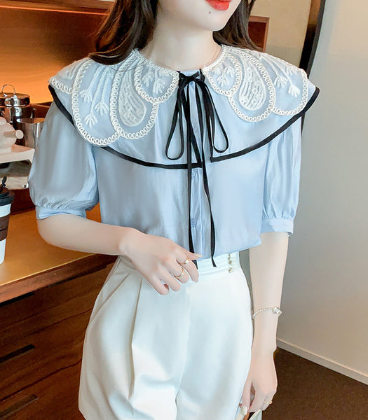 Summer Ladies Tops Lace Collar Bow Tie Sweet Blouse Blue Shirts Petal Short Sleeved Top Shirt
