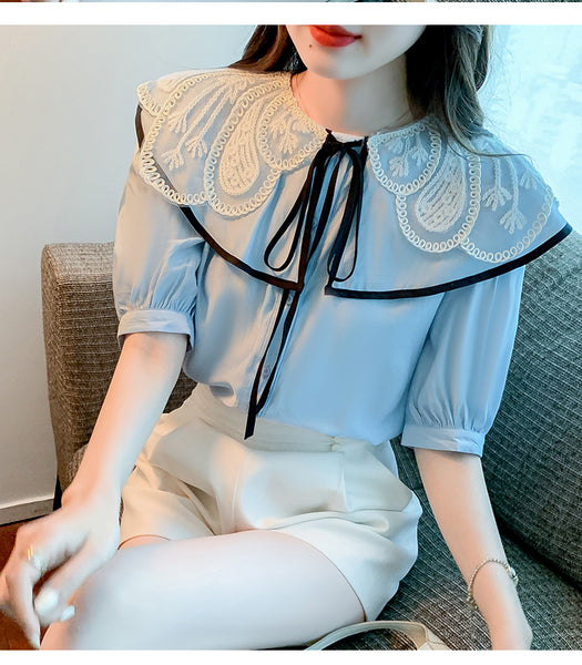 Summer Ladies Tops Lace Collar Bow Tie Sweet Blouse Blue Shirts Petal Short Sleeved Top Shirt