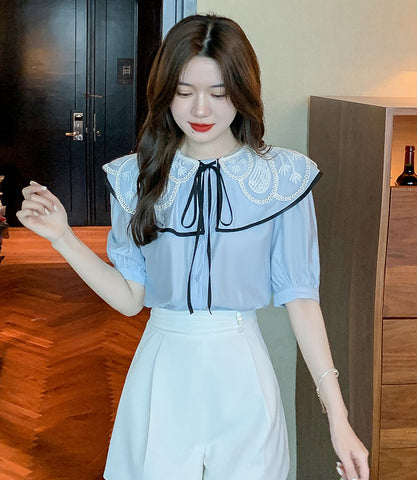 Summer Ladies Tops Lace Collar Bow Tie Sweet Blouse Blue Shirts Petal Short Sleeved Top Shirt