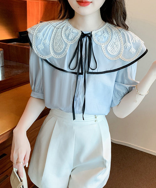 Summer Ladies Tops Lace Collar Bow Tie Sweet Blouse Blue Shirts Petal Short Sleeved Top Shirt
