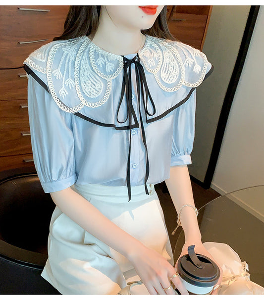 Summer Ladies Tops Lace Collar Bow Tie Sweet Blouse Blue Shirts Petal Short Sleeved Top Shirt