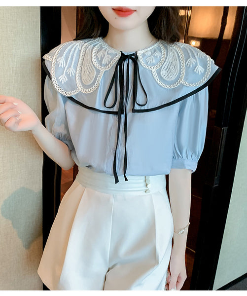 Summer Ladies Tops Lace Collar Bow Tie Sweet Blouse Blue Shirts Petal Short Sleeved Top Shirt