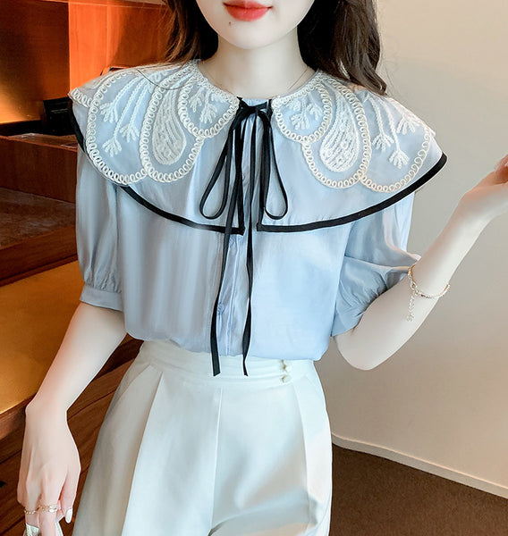 Summer Ladies Tops Lace Collar Bow Tie Sweet Blouse Blue Shirts Petal Short Sleeved Top Shirt