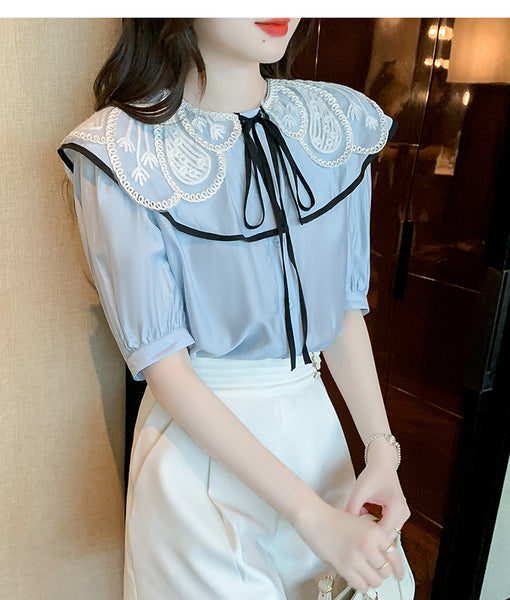 Summer Ladies Tops Lace Collar Bow Tie Sweet Blouse Blue Shirts Petal Short Sleeved Top Shirt