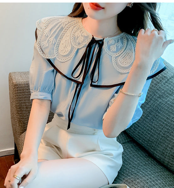Summer Ladies Tops Lace Collar Bow Tie Sweet Blouse Blue Shirts Petal Short Sleeved Top Shirt