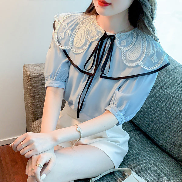 Summer Ladies Tops Lace Collar Bow Tie Sweet Blouse Blue Shirts Petal Short Sleeved Top Shirt