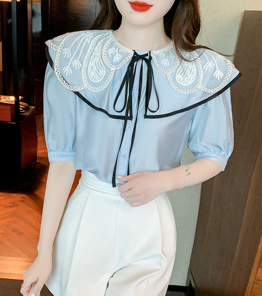 Summer Ladies Tops Lace Collar Bow Tie Sweet Blouse Blue Shirts Petal Short Sleeved Top Shirt