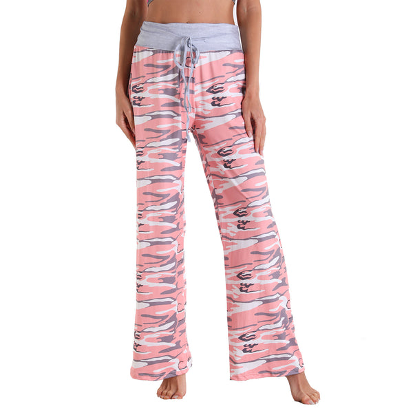 Leisure Sports Yoga Women Casual Elastic Trousers Loose Fit Strap Pink Dye Painting Printed Pants