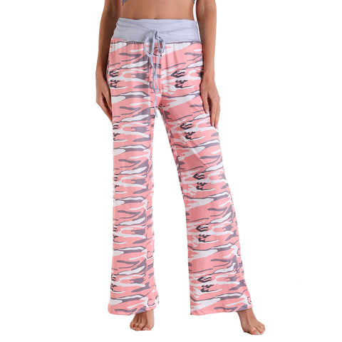 Leisure Sports Yoga Women Casual Elastic Trousers Loose Fit Strap Pink Dye Painting Printed Pants