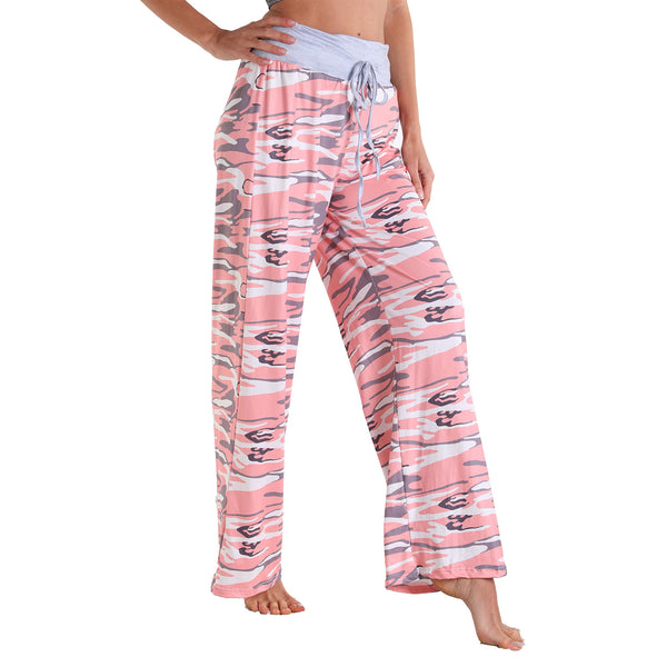 Leisure Sports Yoga Women Casual Elastic Trousers Loose Fit Strap Pink Dye Painting Printed Pants