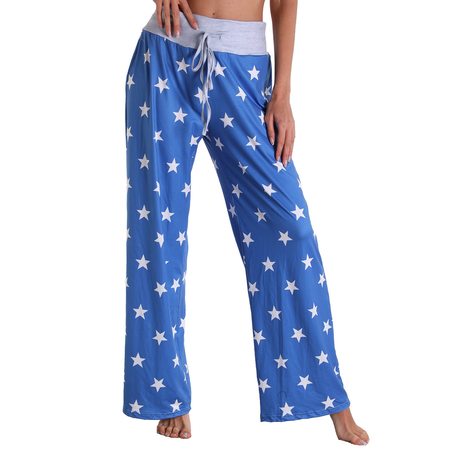 Leisure Sports Yoga Women Casual Elastic Trousers Loose Fit Strap Blue White Star Logo Printed Pants
