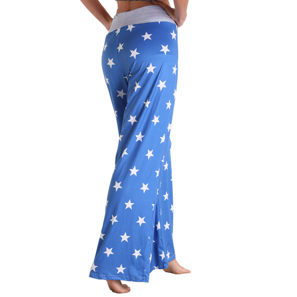 Leisure Sports Yoga Women Casual Elastic Trousers Loose Fit Strap Blue White Star Logo Printed Pants