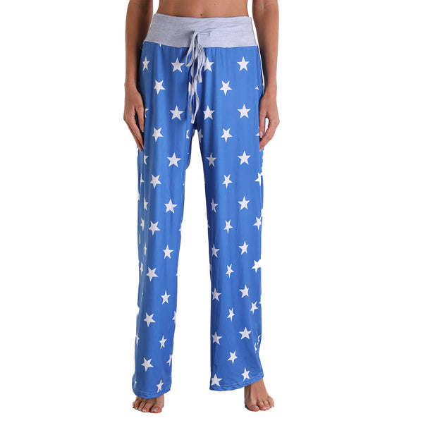 Leisure Sports Yoga Women Casual Elastic Trousers Loose Fit Strap Blue White Star Logo Printed Pants
