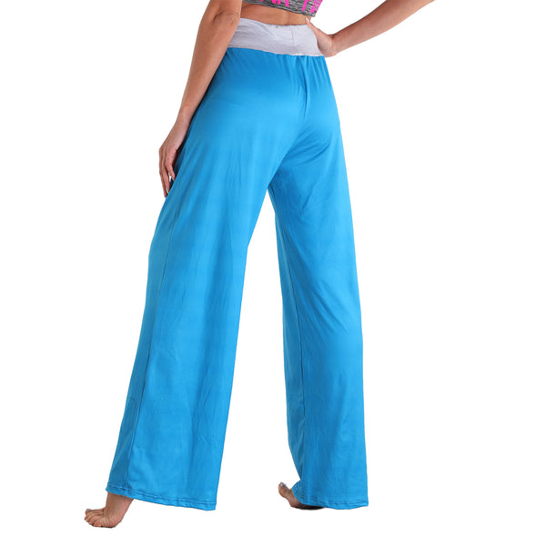 Leisure Sports Yoga Women Casual Elastic Pocket Trousers Loose Fit Strap Sky Blue Solid Color Pants