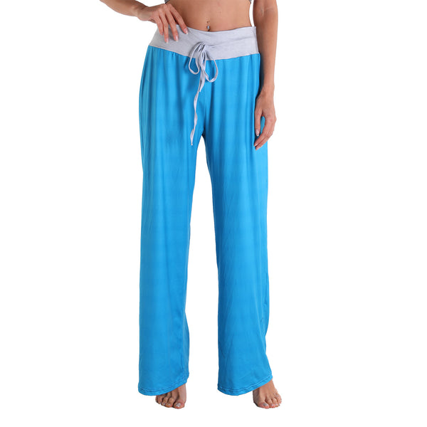 Leisure Sports Yoga Women Casual Elastic Pocket Trousers Loose Fit Strap Sky Blue Solid Color Pants