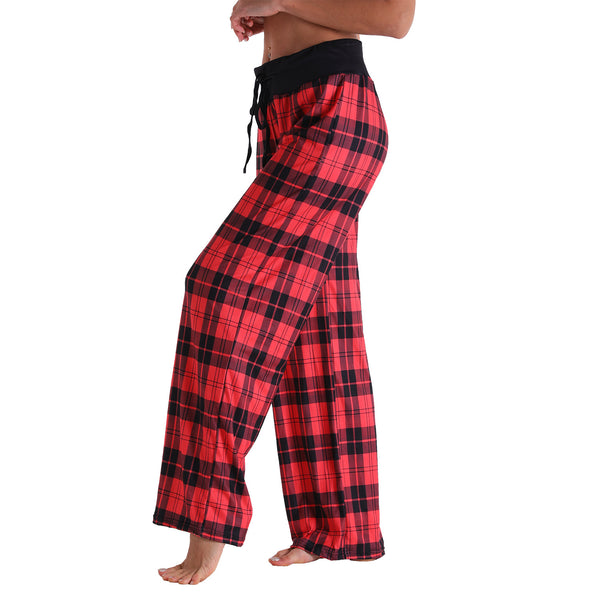 Leisure Sports Yoga Women Casual Pajamas Elastic Pocket Trousers Loose Fit Strap Red Color Plaid Pants