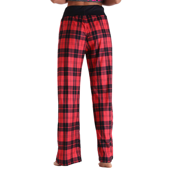 Leisure Sports Yoga Women Casual Pajamas Elastic Pocket Trousers Loose Fit Strap Red Color Plaid Pants