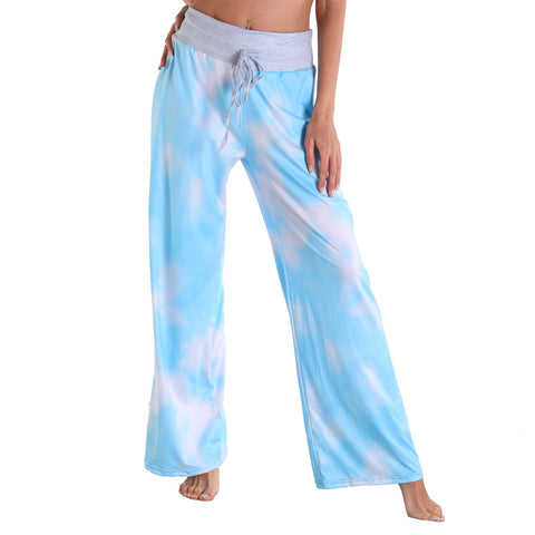 Leisure Sports Yoga Women Casual Pajamas Elastic Pocket Trousers Loose Fit Strap Sky Blue Dye Painting Printed Pants