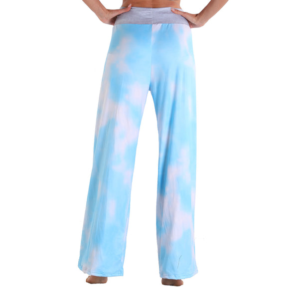 Leisure Sports Yoga Women Casual Pajamas Elastic Pocket Trousers Loose Fit Strap Sky Blue Dye Painting Printed Pants
