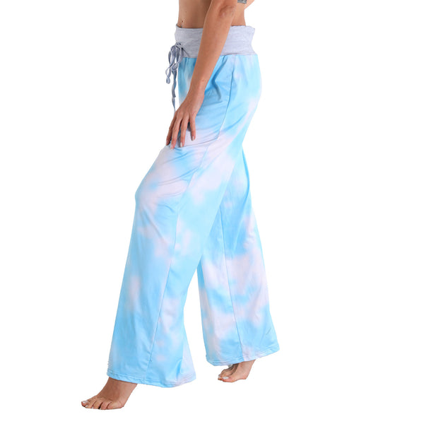 Leisure Sports Yoga Women Casual Pajamas Elastic Pocket Trousers Loose Fit Strap Sky Blue Dye Painting Printed Pants