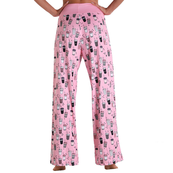 Leisure Sports Yoga Women Casual Pajamas Elastic Pocket Trousers Loose Fit Strap Pink Drinks Logo Printed Pants