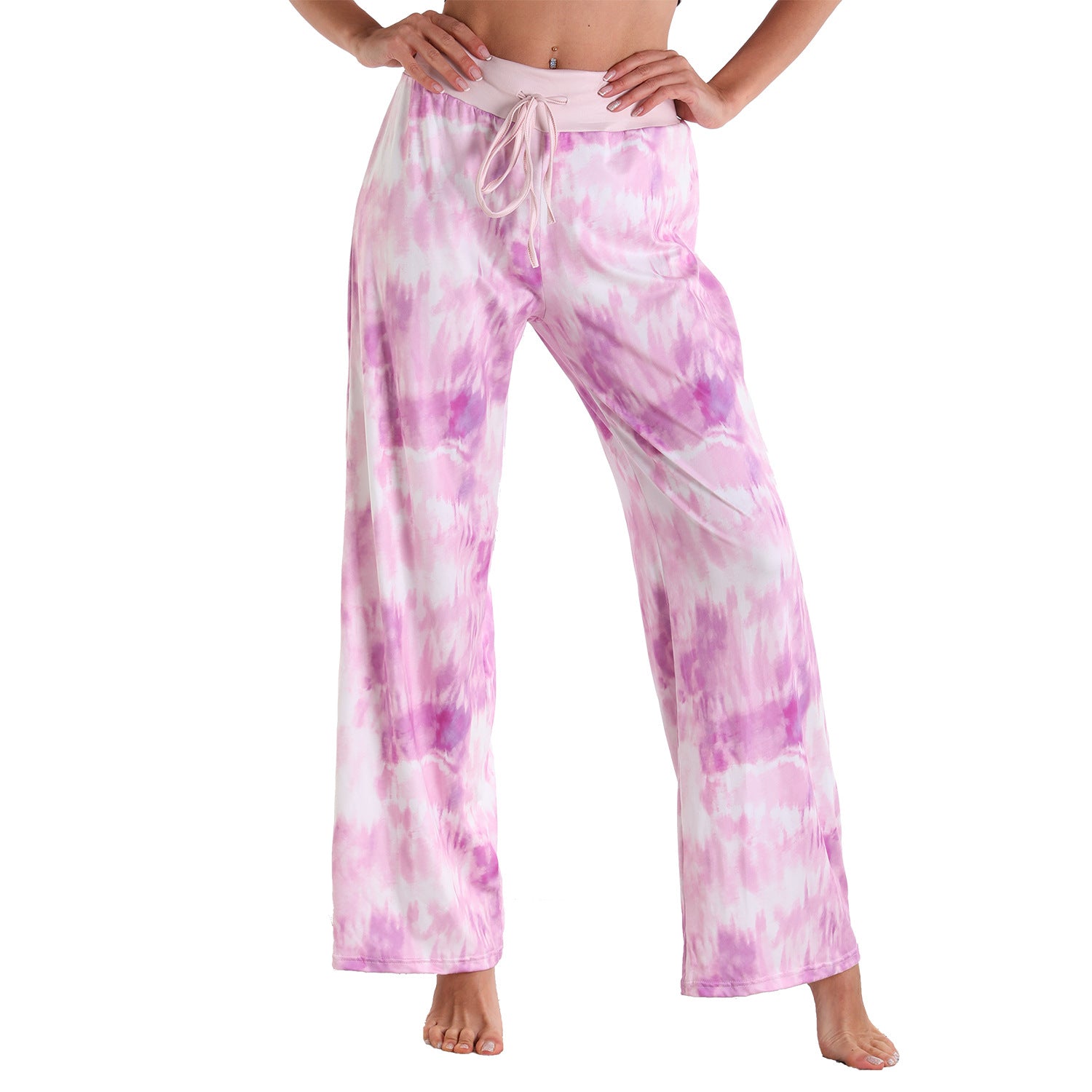 Leisure Sports Yoga Women Casual Pajamas Elastic Pocket Trousers Loose Fit Strap Pink Painting Dye Printed Pants