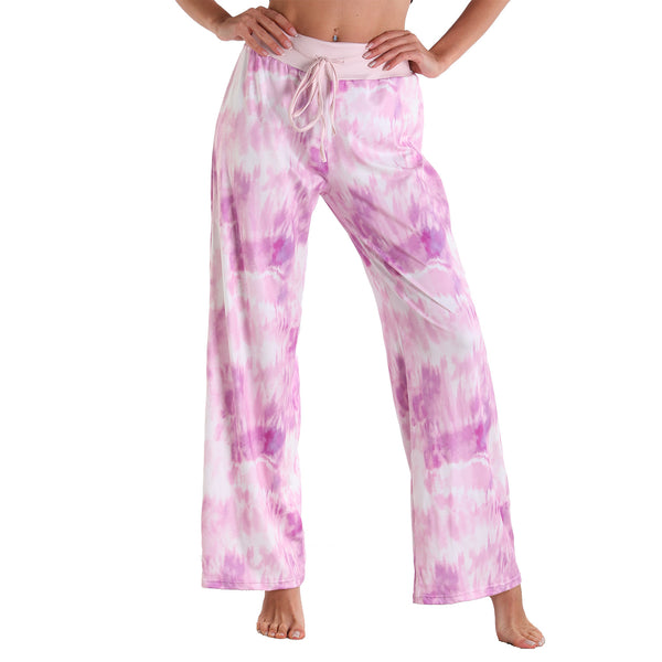 Leisure Sports Yoga Women Casual Pajamas Elastic Pocket Trousers Loose Fit Strap Pink Painting Dye Printed Pants